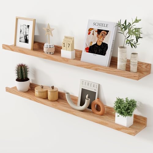 Oak Picture Ledge Shelf Set - 36 Inch Floating Wall Shelves with Lip, Natural Oak, Set of 2