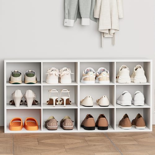 12-Cubby Shoe Rack 3-Tier Wood Organizer Bench - White, Multifunctional Entryway Storage