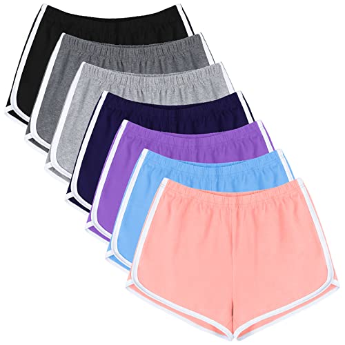 Women's Cotton Shorts Athletic Gym & Yoga Shorts - Light Blue, Salmon, Purple, Navy, Mixed Colors, Large