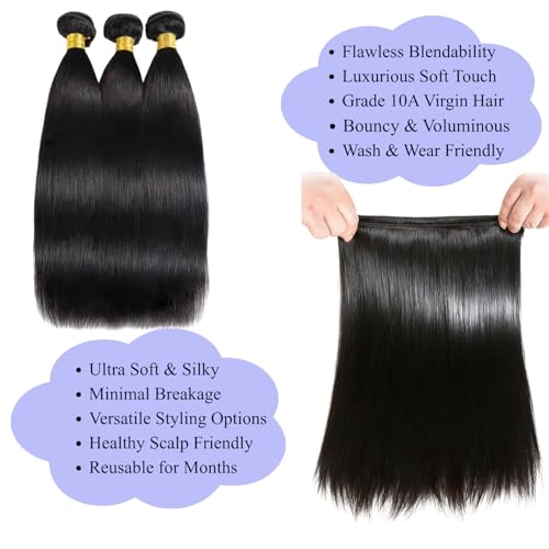 Human Hair Bundles 12, 14, 16 Inch - Natural Black, 3 Bundles Virgin Straight