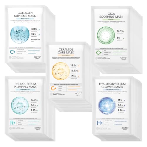 #OOTD 50-Count Vegan Sheet Mask Set with Collagen, Cica, Ceramide, Vitamin C & Retinol – Hydrating & Brightening