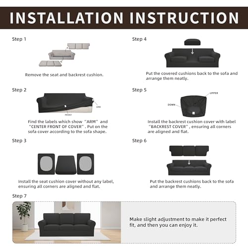 Stretch Sofa Couch Cover Set - Large Dark Grey 7 Pieces for 60-85 Inch Furniture