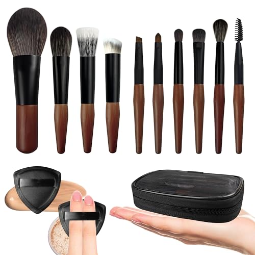 Black Travel Makeup Brush Set with Case - 10 Pcs Mini Brushes for Face & Eyes