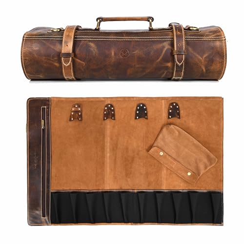 29.5x19.7 Inch Leather Knife Roll Bag - Caramel, Expandable Chef Storage Case