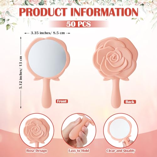 Wenqik 50 Sets Bridal Shower Favors Rose Compact Mirrors Bulk Wedding Favors for Guests Rose Compact Handheld Mirrors with Thank You Cards and Organza Bags Wedding Party Guests Souvenir Gifts (Pink)