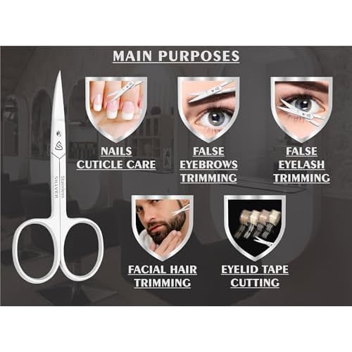 SILLVER Facial Hair Small Grooming Scissors for Men Women - Rounded and Curved - Eyebrow, Nose, Beard, Mustache, Eyelashes, Dry Skin and Ear Hair Trimming Scissors