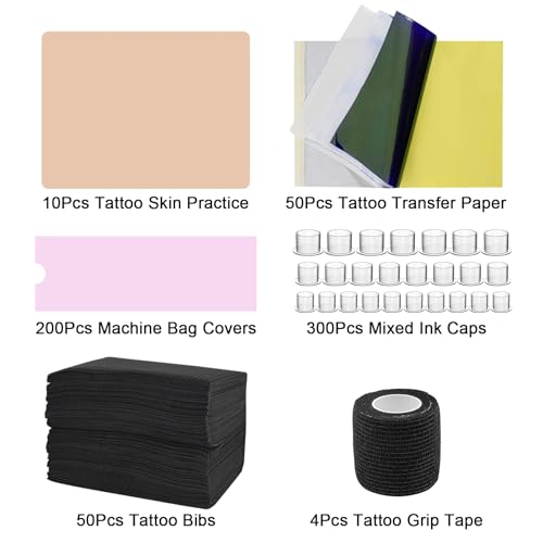 614Pcs Tattoo Practice Kit for Beginners with Fake Skin Sheets Ink Caps & Accessories