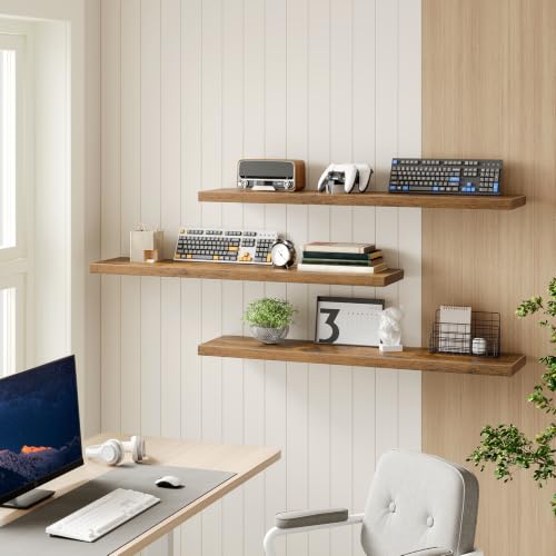 Floating Wall Shelves Set of 3 - Rustic Brown, 47.2 Inches, Thick Wall Mount Storage