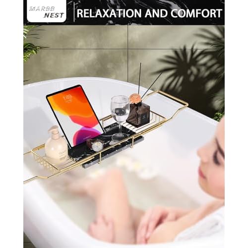 Bathtub Tray Caddy for Luxury Bath Expandable Extra Wide Bath Tub Tray with Natural Marble Tray and Mobile/Tablet Stand, Ideal for Home Spa Lovers (Gold + Black)