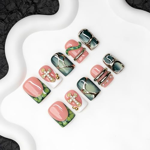 OCOUYVD Green Short Square Press On Nails with 3D Silver Embossed Designs and Rhinestones - Muti-Layer Gel Acrylic Fake Nails for Women, 10 Pcs