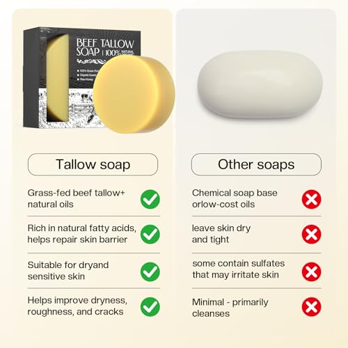 Beef Tallow Soap: Organic Grass-Fed Moisturizing Bar for Men & Women's Daily Face & Body Cleansing, Ideal for Sensitive & Dry Skin, 4.2 oz
