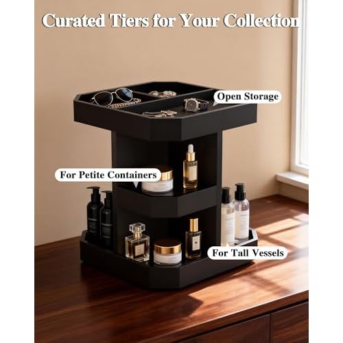 HWZ Wooden Cologne Organizer for Men, Cologne Stand, 360 Rotating, Massive 3 Shelf Storage Unit, Elegant Display Holder for Perfume & Accessories, Bedroom Essentials, Ideal Gift for Loved ones