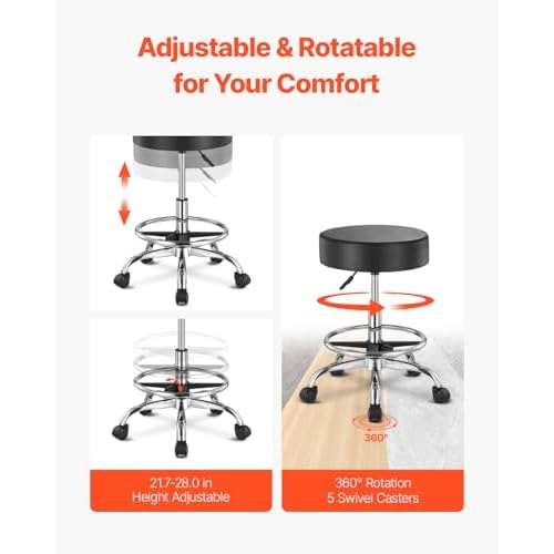 VEVOR Rolling Stool with Foot Rest and Wheels, 450 LBS Weight Capacity Round Rolling Stool Chair, Height Adjustable Thickened PU Leather Swivel Stool for Salon, Spa, Massage, Tattoo, Clinic, Black
