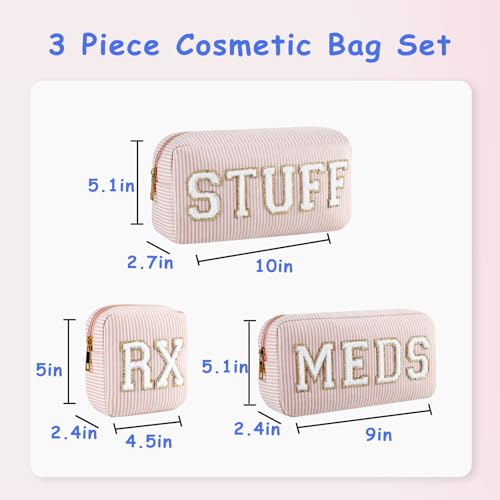 3pcs Pink Seersucker Chenille Letter Makeup & Travel Bags Set - Meds Rx Organizer