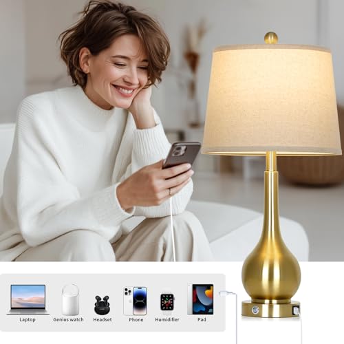 Rinweey 26-inch Gold Set of 2 Touch Control Bedside Lamps with USB Ports - Dimmable Nightstand Lamps for Living Room & Bedroom