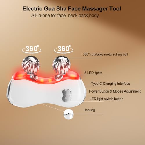 Electric Gua Sha Facial Tools, Facial & Body Massager Tools with Heat and Vibration, 5 LED Lights Gua Sha Device with 2 Metal Roller for Eyes, Neck, Face