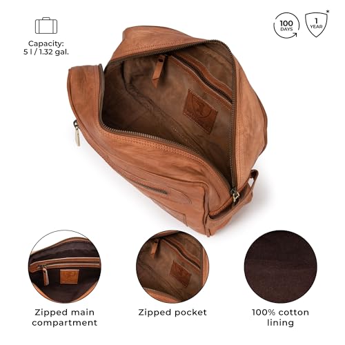 BERLINER BAGS Vintage Genuine Leather Toiletry Bag Paul, Large Capacity Cosmetics Bag for Men and Women for Travel - Brown (1 Compartment)