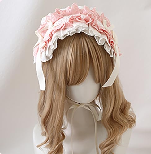 Gothic Lolita Headband Hair Accessories Bow Maid Headdress for Cosplay - White & Pink