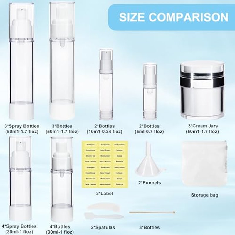 34 Pack Airless Pump Jars Set, 1.7/1/0.7/0.34oz Refillable Travel Size Containers, Leak-Proof Toiletry Bottles for Skincare and Creams, Lotion, Eye Cream, Liquid, Foundation, Shampoo