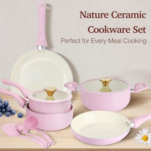Pink Ceramic Non-Stick Pots and Pans Set - 11 Pieces, Compact Cookware