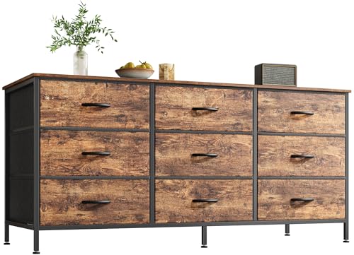 Huuger 9-Drawer Dresser with TV Stand, Rustic Brown, 47 Inch Storage Chest