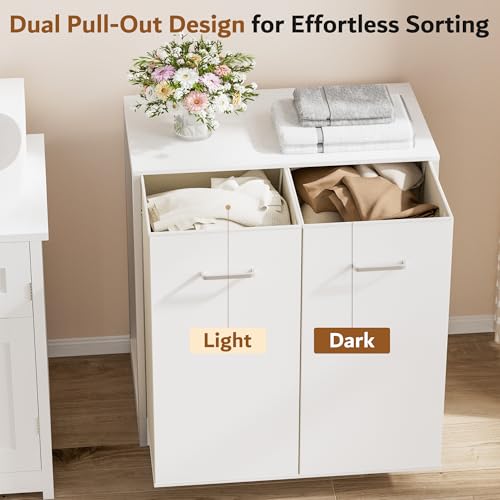 Heeytilly 120L Double Pull-Out Laundry Hamper Cabinet with Removable Bags, White, 23.6"L x 13"W x 29.5"H