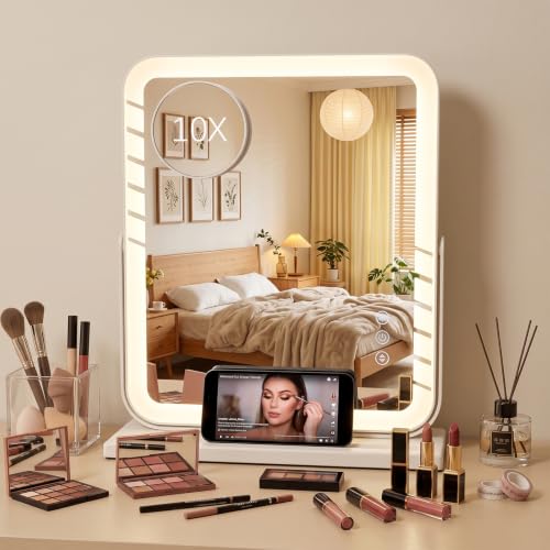 Square Lighted Makeup Mirror with Brightness & Color Adjustment - White Desk Vanity with 10x Magnifier