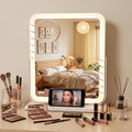 Square Lighted Makeup Mirror with Brightness & Color Adjustment - White Desk Vanity with 10x Magnifier