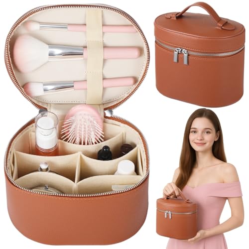 OMISTAR Brown Large Capacity Makeup Vanity Bag with Removable Organizer – Waterproof PU Leather Travel Cosmetic Case