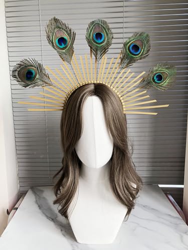 Peacock Feather Gold Halo Crown Headband with Earrings - Bridal Festival Cosplay