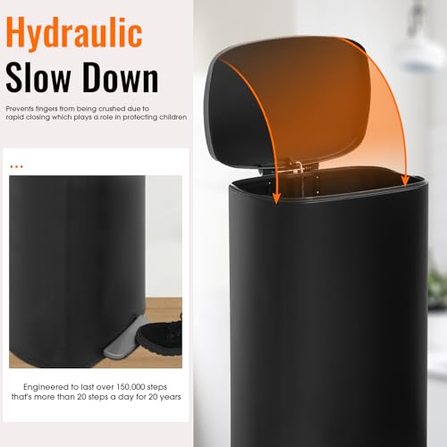 13 Gallon Stainless Steel Trash Can with Lid - Fingerprint Proof Black - Slim & Quiet