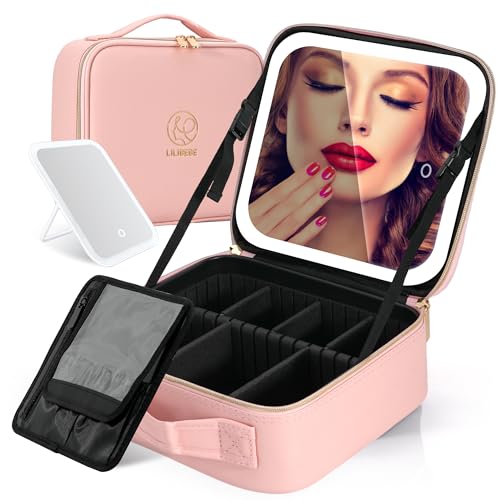Travel Makeup Bag with Mirror Cosmetic Bag Makeup Artist Bag, 3 Color Scenarios Adjustable Brightness, Makeup Train Case Cosmetic Storage Gift for Daughter Wife Friend Pink