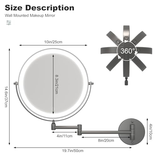 Hasipu 10-Inch Wall Mounted Makeup Mirror with Magnification, Rechargeable 3000 mAh Vanity Mirror with Lights, Bathroom Mirror with Dimmable Brightness, 3 Lighting Modes, Extendable Arm, Black