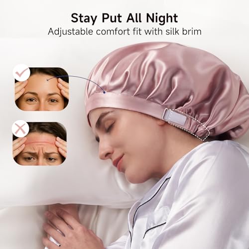 Kaome Pink 100% Mulberry Silk Sleep Bonnet for Women, Large Double Layer