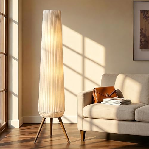 Oatmeal Fabric Pleated Floor Lamp with Walnut Wood Tripod Base - 61in Tall