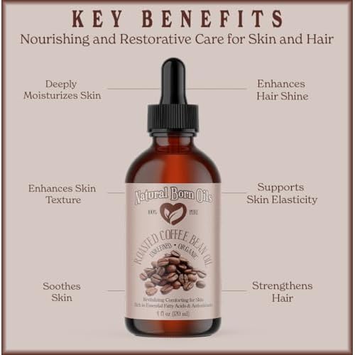 Natural Born Oils Roasted Coffee Bean Oil, 8oz, Organic, Cold-Pressed, Vitamin-Rich, Skin Radiance Enhancer, Hair Conditioner