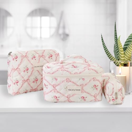 LAKSMI 3PCS Cotton Quilted Floral Makeup Bag Set for Women, Cute Make Up Bags with Brush Pockets, Large Wide-Open Toiletry Pouch Gifts for Toiletries Accessories Travelling Essentials