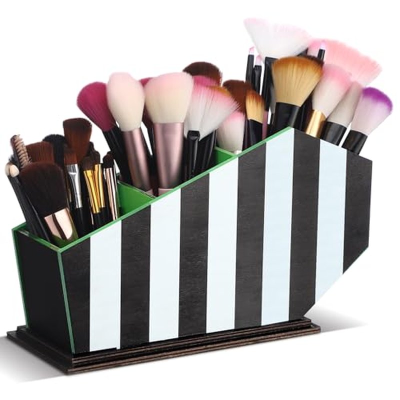 Coffin Makeup Brush Holder Black Striped Gothic Makeup Brush Holder Wooden Organizer Gifts for Women Cosmetic Display Cases Spooky Pencil Brushes Organizer Bathroom Accessories
