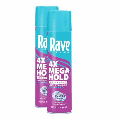 Rave Unscented 33oz 4X Mega Aerosol Hairspray - 24-Hour Hold, Humidity-Resistant, Vitamin-Enhanced, Pack of 2