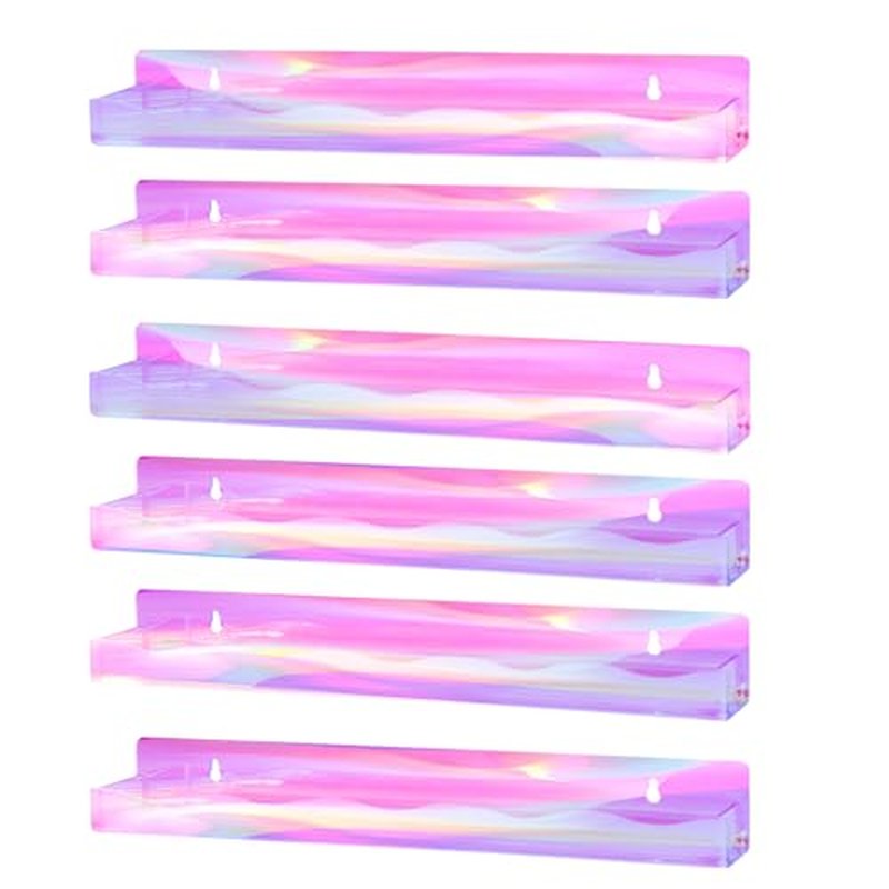 6 Packs Iridescent Nail Polish Wall Mounted Organizer, 15" Rainbow Floating Shelves, Acrylic Nail Polish Wall Rack for Paint, Tattoo Ink, Essential Oils, Makeup Storage Display Stand