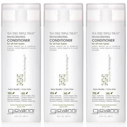 GIOVANNI Tea Tree Triple Treat Invigorating Conditioner - Cooling Peppermint, Eucalyptus, Rosemary, Helps Dry Flaking Scalp, Paraben Free, Helps to Moisturize, Smooth & Detangle- 8.5 oz (3 Pack)
