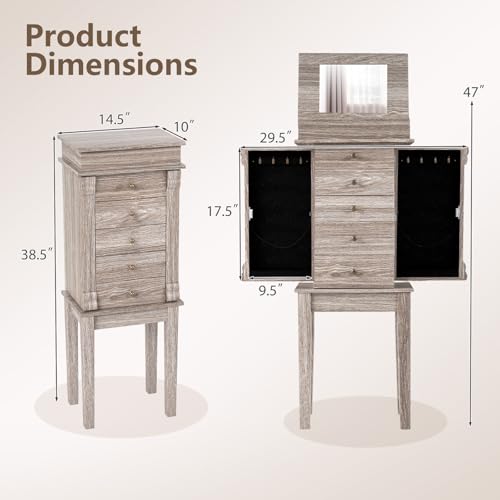 GIANTEX Standing Jewelry Cabinet with Flip Top Mirror & Light Gray Oak Finish