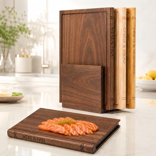 Book Shaped Cutting Board Set - 3 Walnut Boards with Stand - 1Set