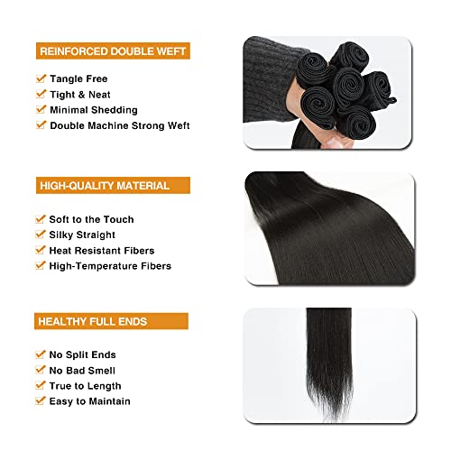 7pcs Silky Straight Hair Extensions 20-24 Inches - Black, Heat Resistant Synthetic Fiber