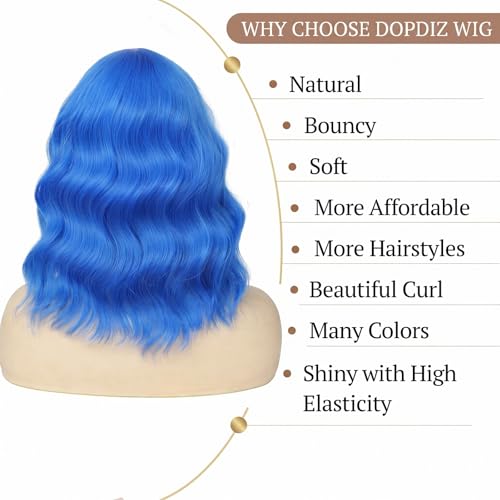 Light Blue Short Bob Wig with Bangs for Women - Wavy Synthetic Cosplay Hair