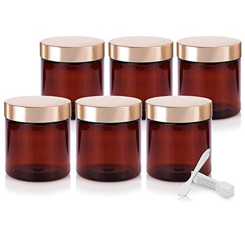 (6 Pack) 8 oz Amber PET Plastic Jar with Gold Metal Overshell Lid + Spatulas
