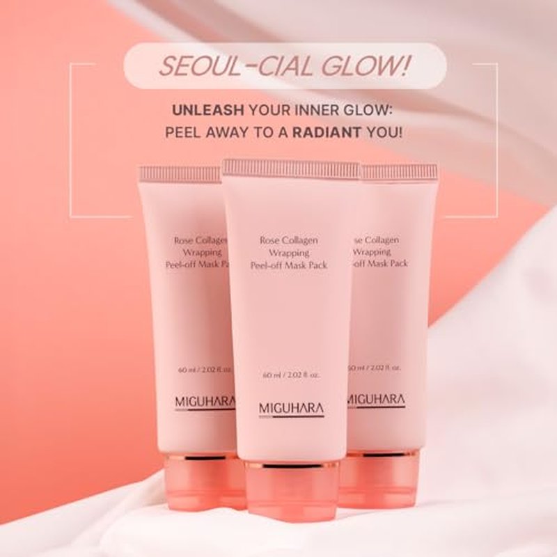 MIGUHARA Rose Collagen Wrapping Peel-Off Mask Pack, Facial Mask with Damask Rose Water, Hydrolyzed Collagen & Botanical Fruit Extracts for Hydrated, Glowing Look & Korean Glass Skin (60ml/2.02 fl.oz.)