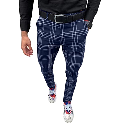 Percle Men's Plaid Slim Fit Dress Pants Business Stretch Formal Slacks 3X-Large Navy