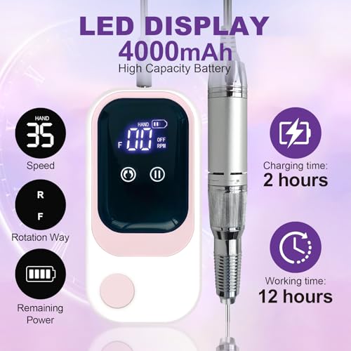 Pink Professional Nail Drill Kit 35000RPM Cordless Rechargeable Manicure & Pedicure