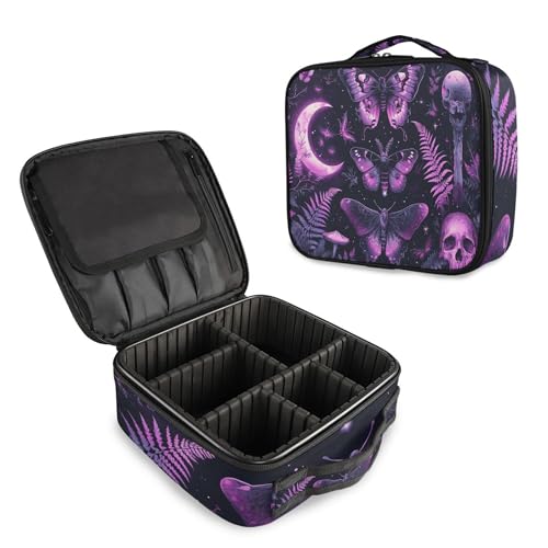 MNSRUU Travel Makeup Bag, Gothic Skull Butterfly Women Makeup Case Organizer Cosmetic Toiletry Bag for Teenage Girl with Adjustable Dividers